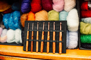 Picture of bright woollen yarns and crochet tools taken inside the Salamanca Wool Store, in Hobart, Tasmania.